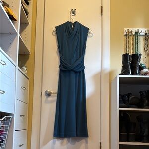Anthropologie Blue Cowl Neck Tie Front Midi Dress
